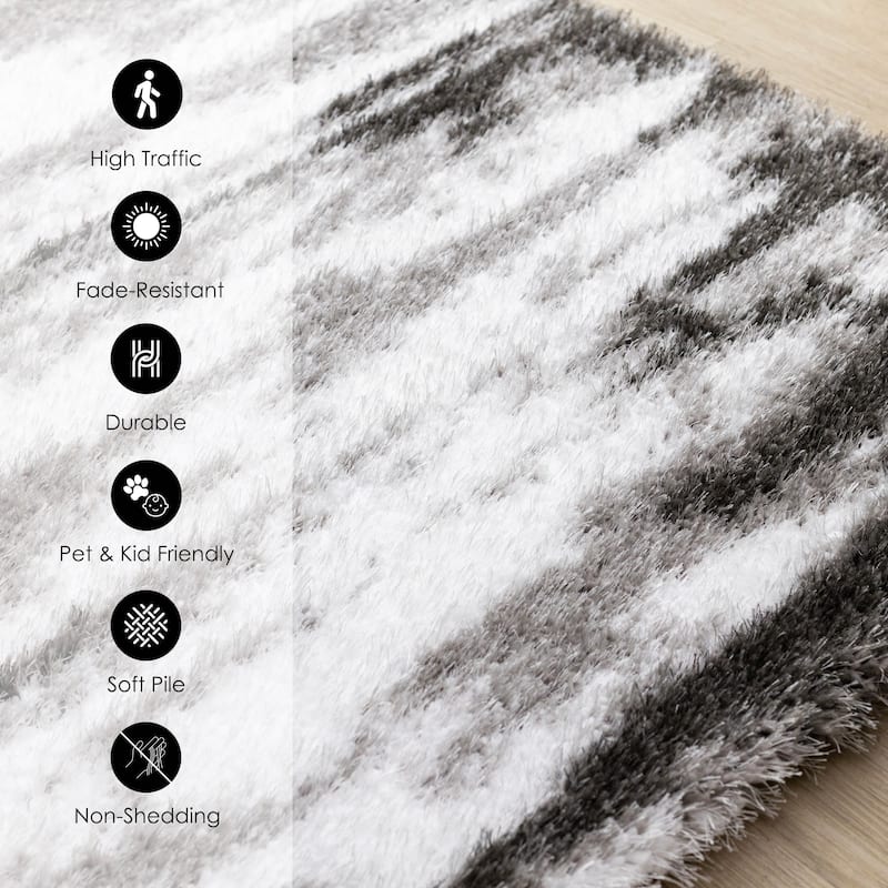 Black White Grey Distressed Soft Shag Rug