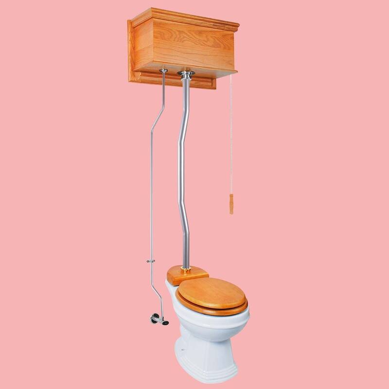 Dark Oak Wooden High Tank Toilet Flat Tank, White Round Bowl and Satin L Pipe