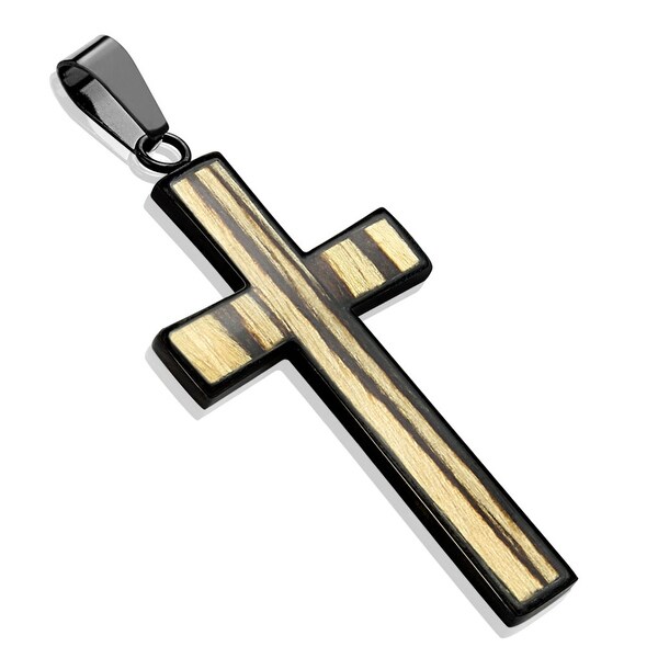 Wood Cross Black IP Stainless Steel Pendant (26.3 mm Width)
