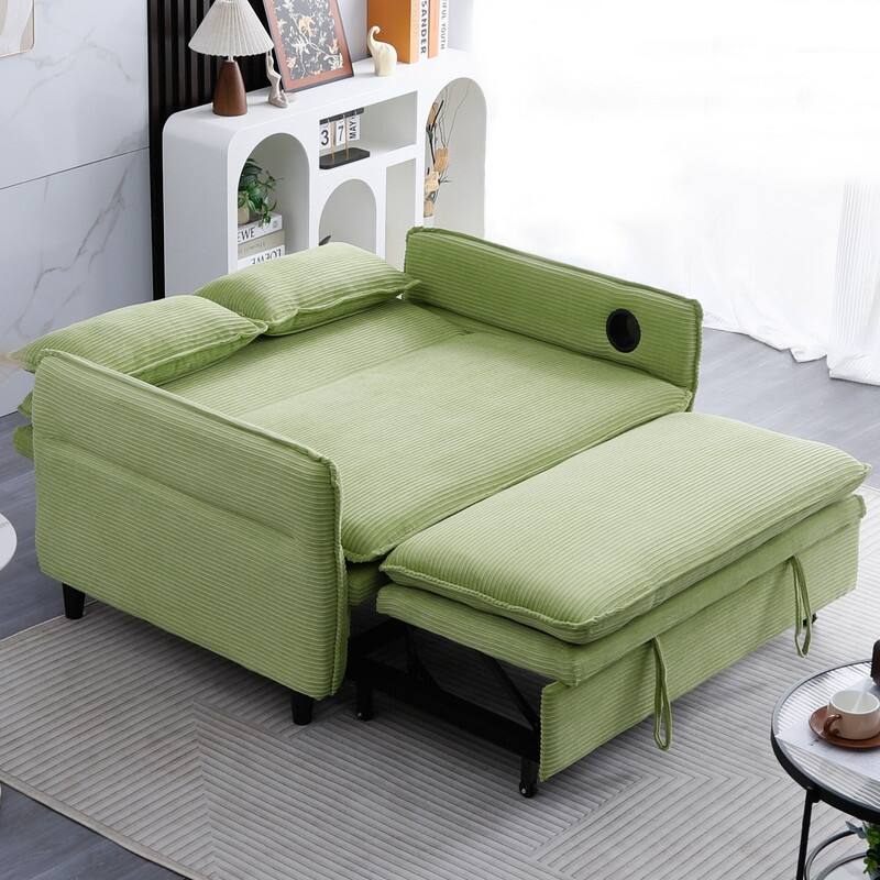 65.7" Corduroy Upholstered Pull-out Sofa With Cup Holder