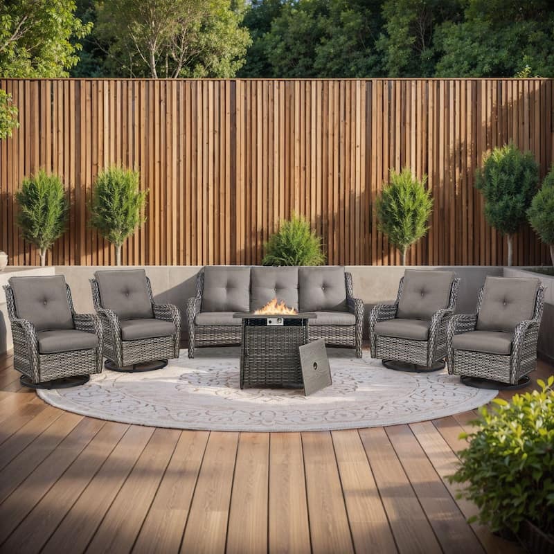 Fire Pit Table with Sofa and 4 Swivel Chairs Grey-Grey - Grey - Grey - Grey