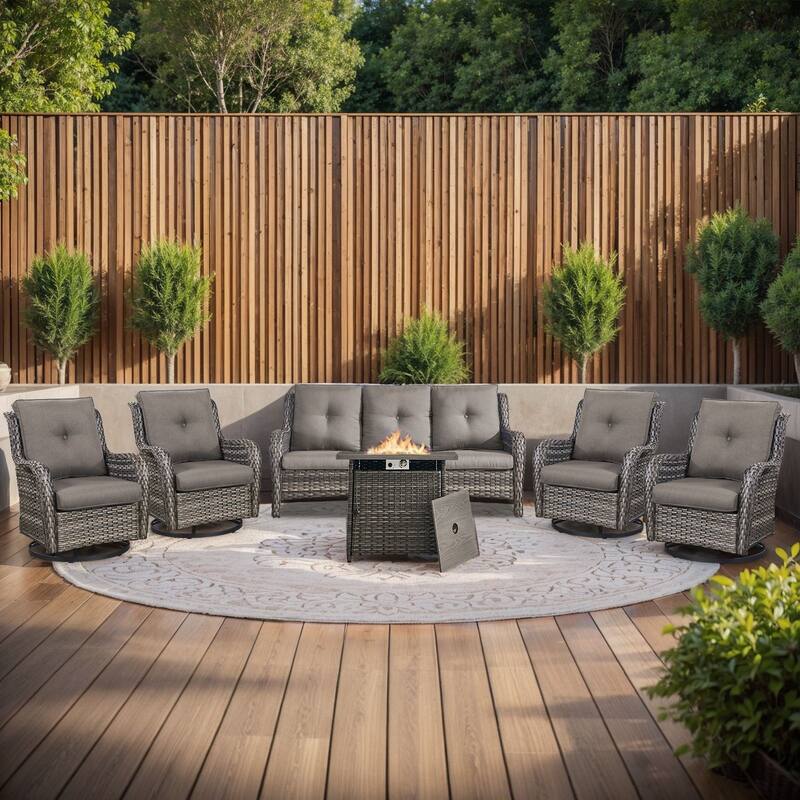 Pocassy Fire Pit Table with Sofa Swivel Chairs Set - Grey Wicker Gray Cushion - 6 Pieces Sofa Swivel Chairs with Fire Table