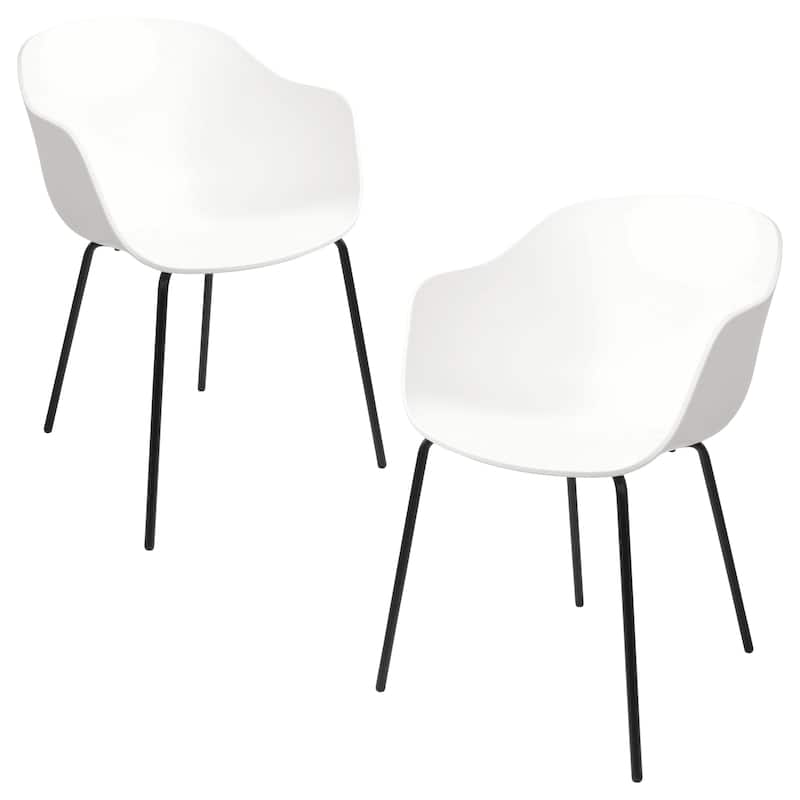 Furnish Theory Curve-K ML Indoor/Outdoor Dining Armchairs Arm Chairs w Polypropylene Shell & Powder-Coated Steel Legs (Set of 2) - White Shell & Black Legs