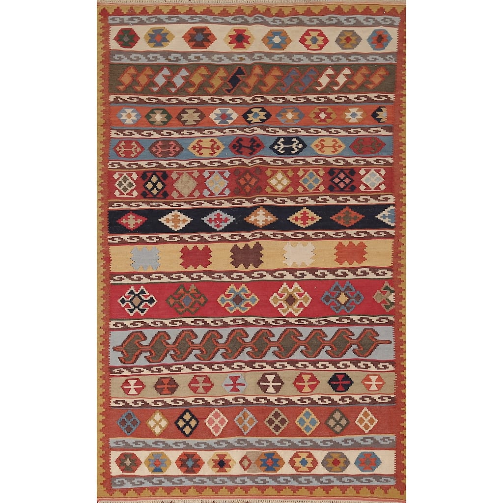 Vegetable Dye Kilim Qashqai Persian Vintage Wool Carpet - 3'2"x 5'11"
