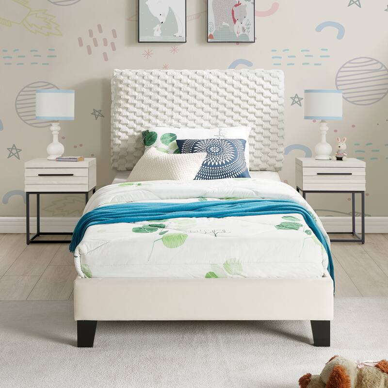 Twin Size Upholstered Platform Bed Set with 2 Nightstands and Adjustable Headboard - Off White
