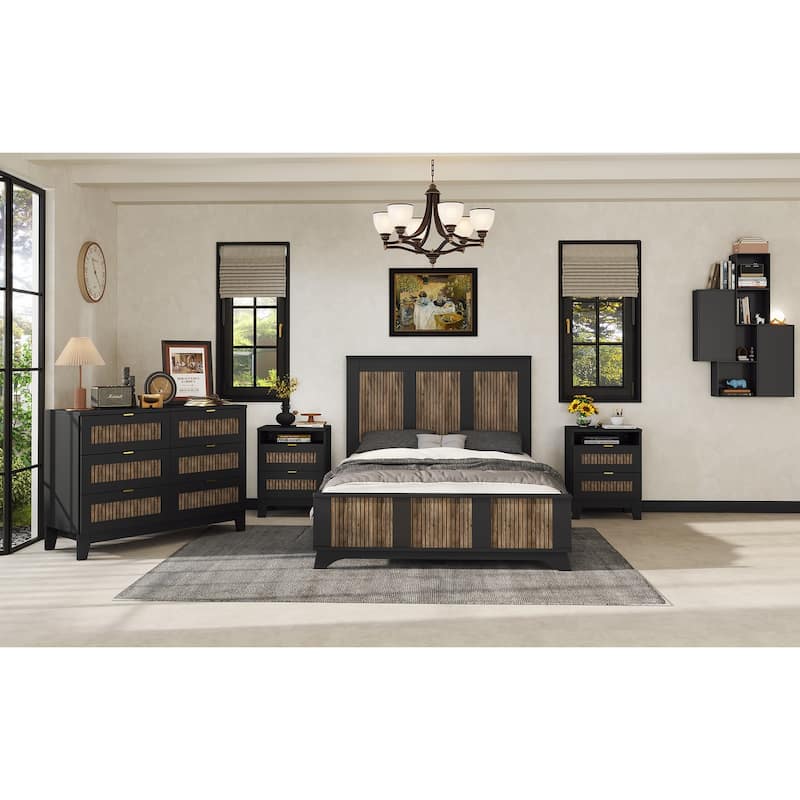 Farmhouse Wooden Platform Bed with Strip Decoration