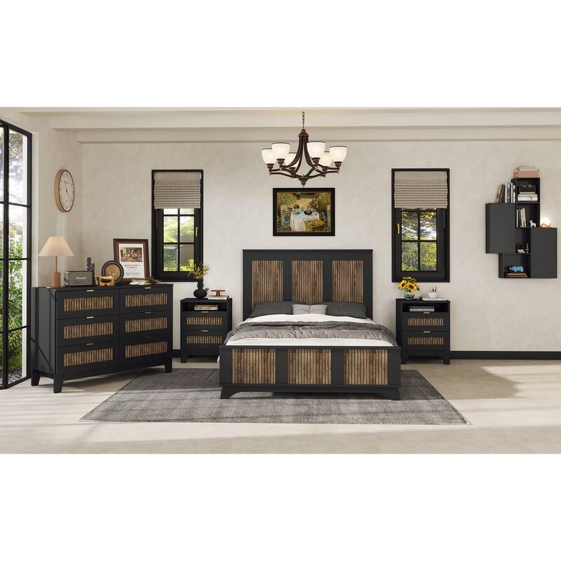 Stylish Platform Bed Slats Support Wood Bed, Rustic Farmhouse Style Bed Frame with Wooden Strip Decoration Elevated Headboard