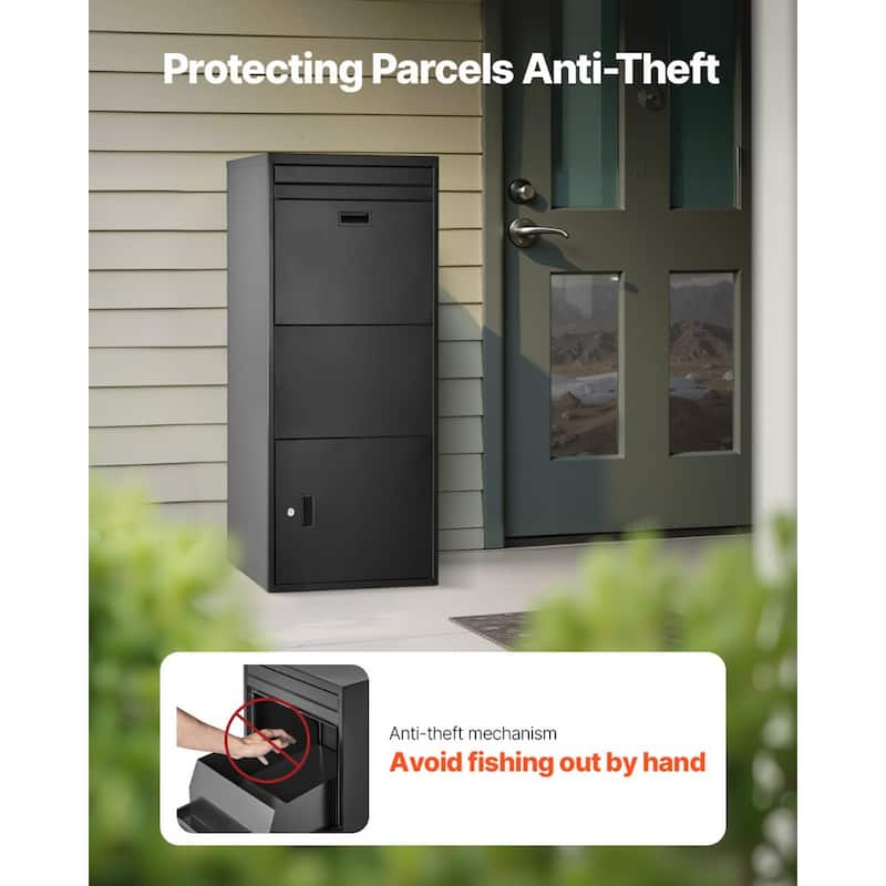 Black Galvanized Steel Parcel Delivery Box with Anti-Theft Plate and Weatherproof Design - 19.7 x 14.2 x 47.2 in