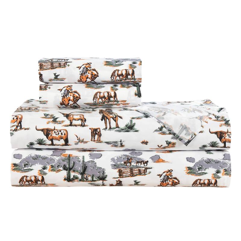 Paseo Road Ranch Life 200TC Cotton Western Rustic Cowboy Animal Toile 4 Piece Sheet Set