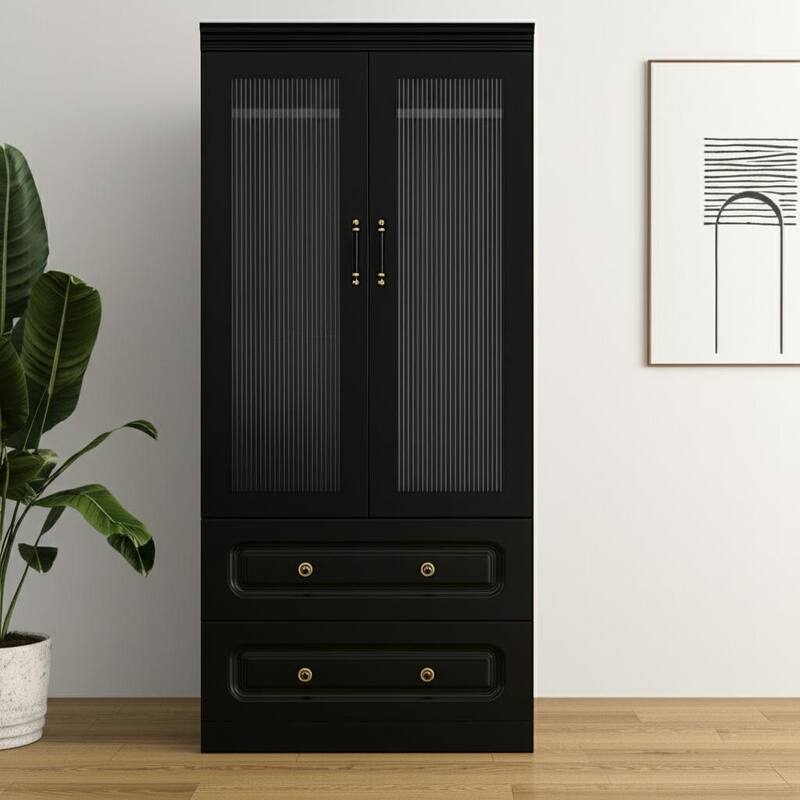 HomeRoots 71" Black Wood Two Door Two Drawer Combo Dresser - Black - 2-drawer