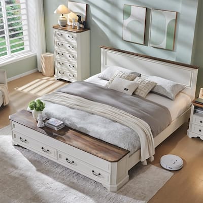 Farmhouse Bed Frame w/ Headboard & Storage Bench, Wood Platform Bed