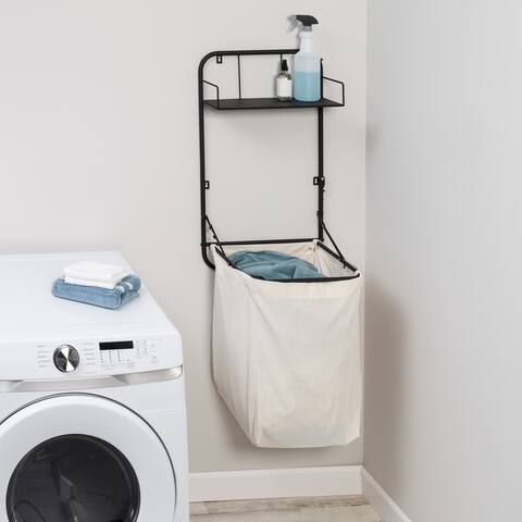Black Steel Wall or Over-the-Door Mounted Clothes Hamper and Shelf