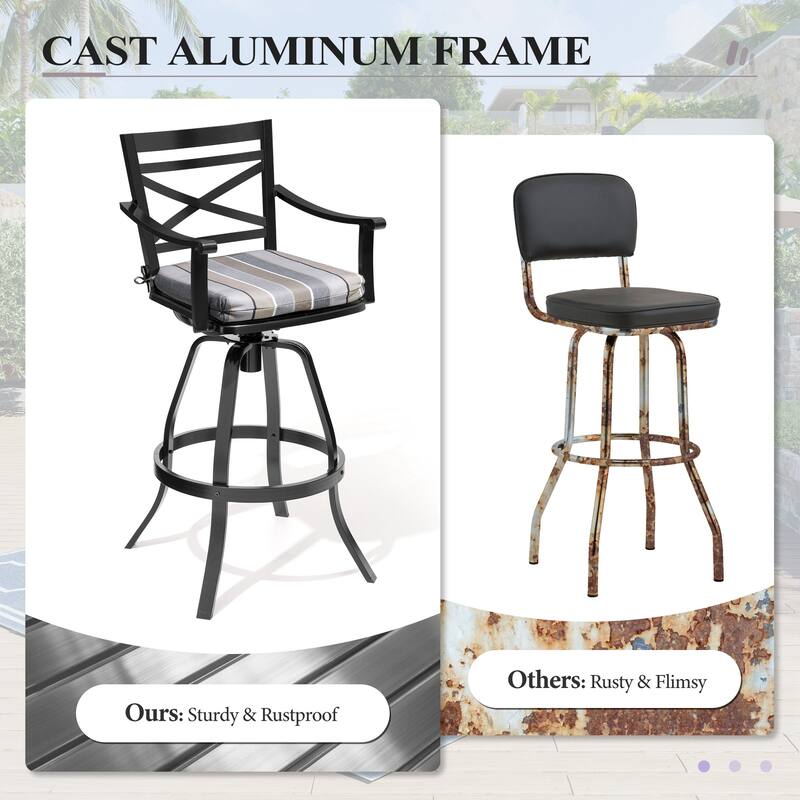 Outdoor Bar Stools Patio Cast Aluminum Swivel Barstools with Sunbrella Cushion