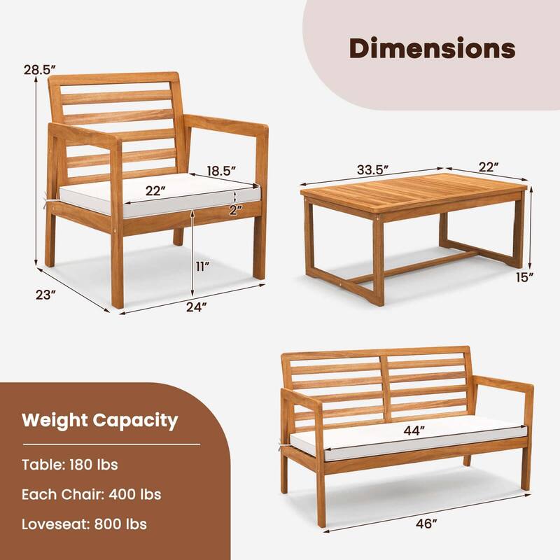 4PCS Wood Patio Conversation Set Patio Furniture Set