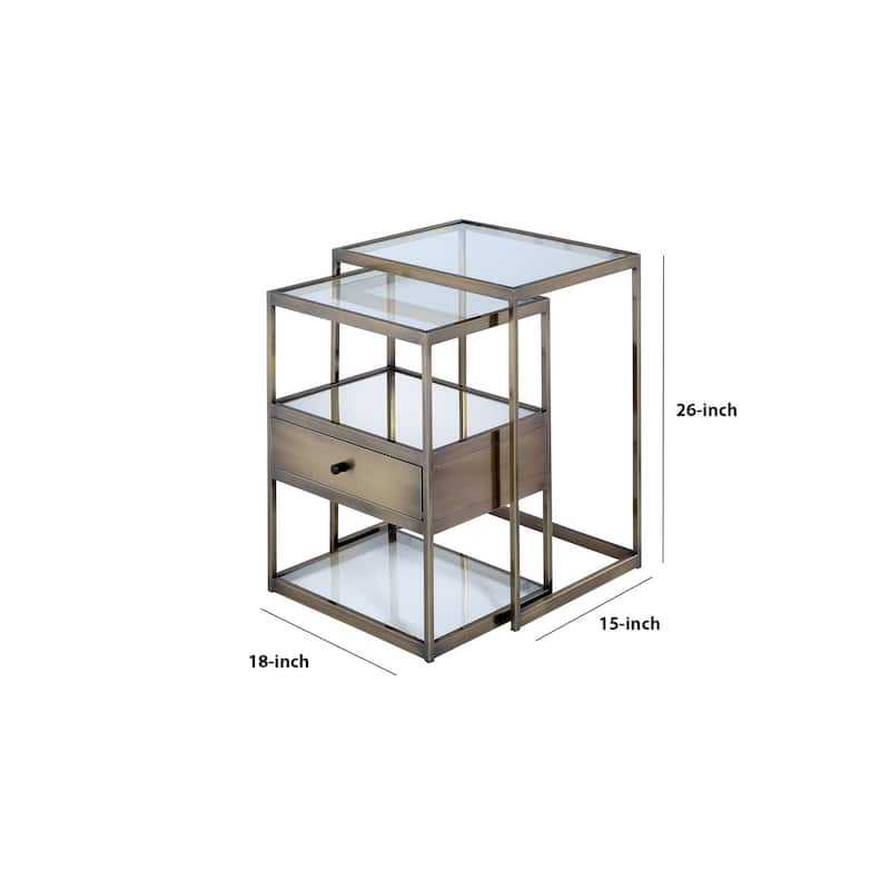 Stylish Nesting Tables Set, Clear Glass & Brass, 2 Piece Pack