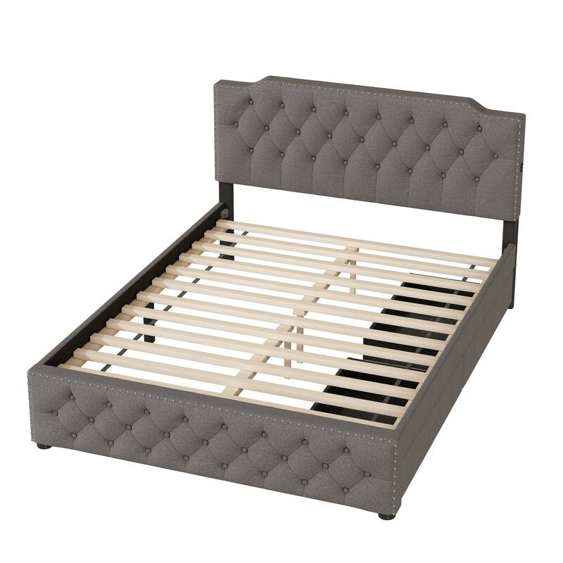 Linen Upholstered Platform Bed Button-Tufted Headboard Wood Panel Bed Frame with 2 Drawers or Trundle Bed, USB on Both Sides