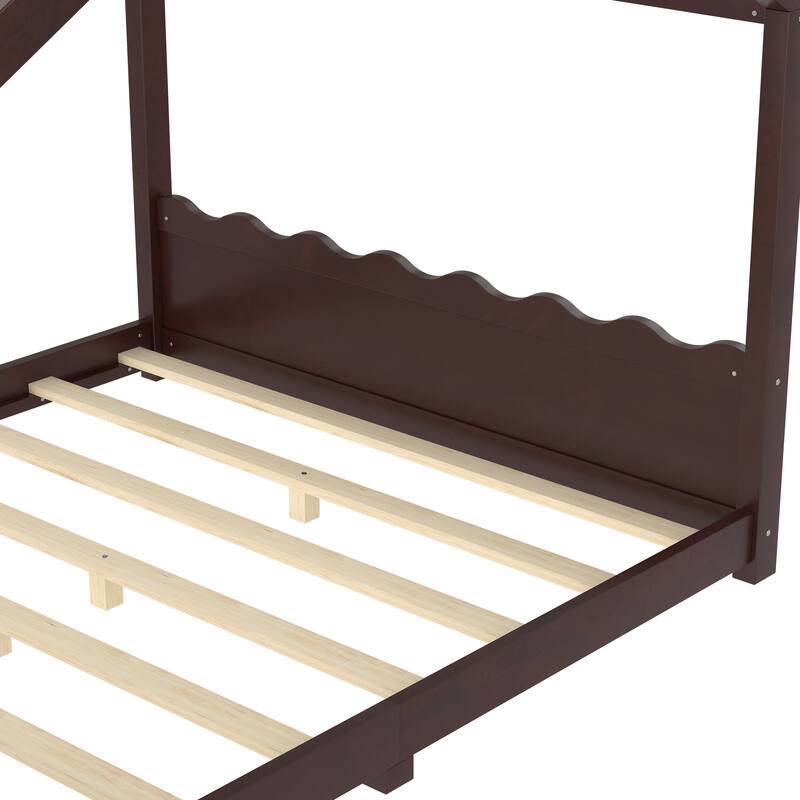 Queen House Floor Bed with Support Slats, Solid Wood House Bed Frame for Kids, No Box Spring Needed
