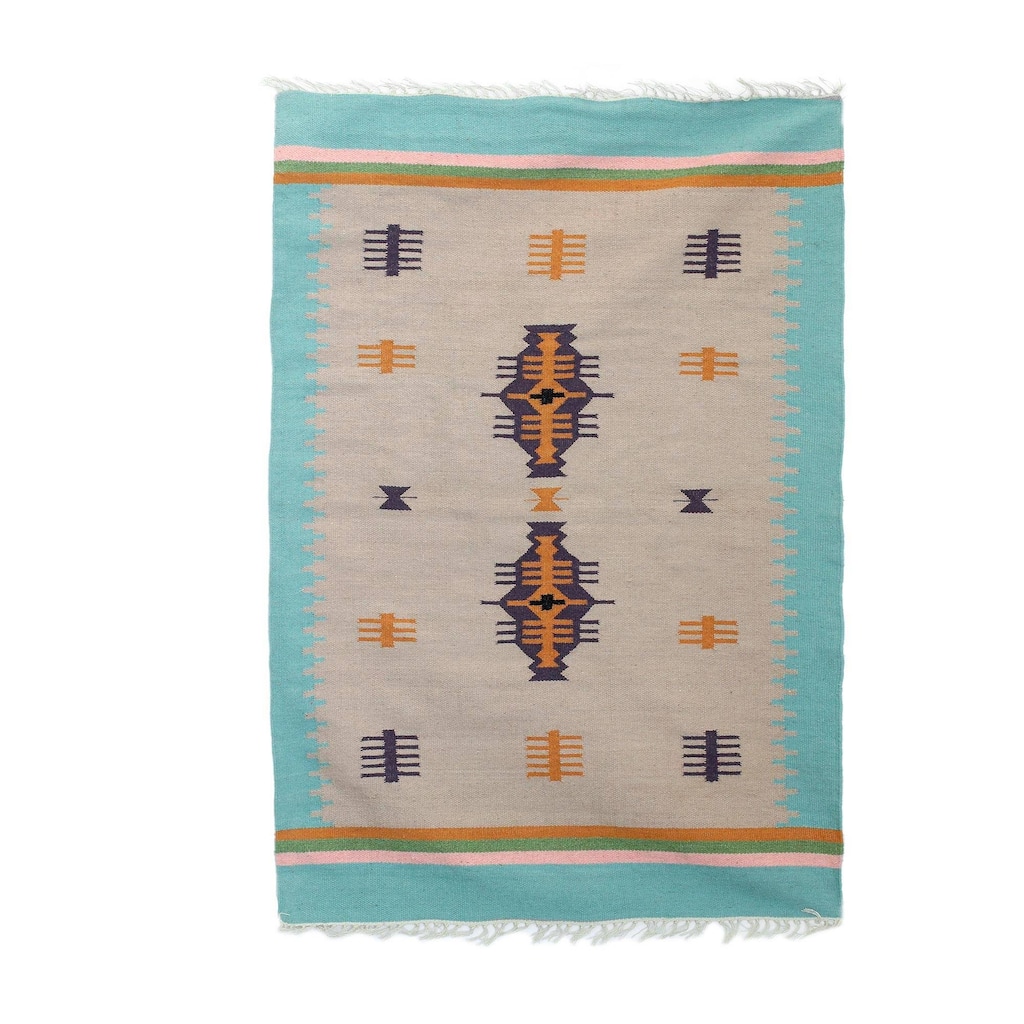 Handmade Beach Caravan Wool dhurrie rug (India) - Big