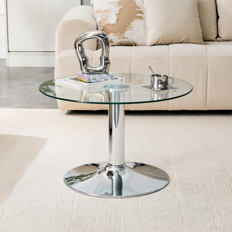 Roomfitters 27.5-Inch Round Tempered Glass Coffee Table, Metal Base, Circular Center Table, Modern Minimalist
