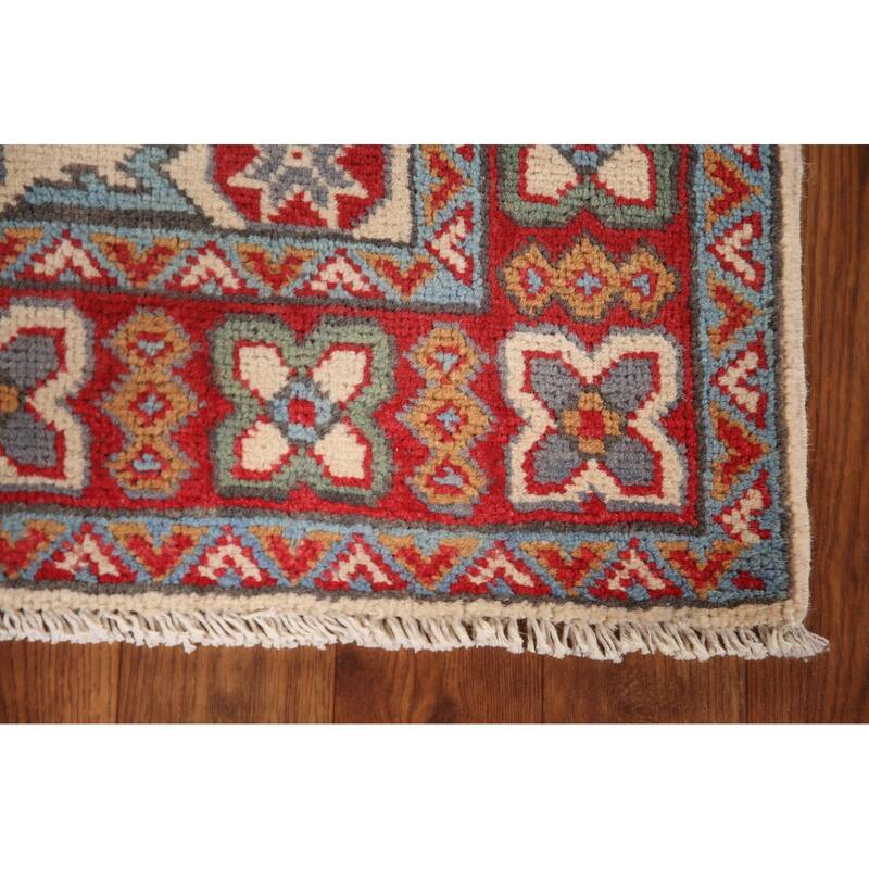 Ivory & Red Geometric Kazak Oriental Accent Rug Handmade Wool Carpet - 2'7" x 4'1"