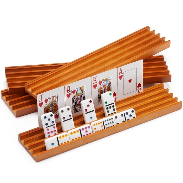 slide 2 of 6, GSE™ Set of 4 Wood Domino & Playing Card Racks, Wooden Domino Trays/Holders for Mexican Train Dominoes and Cards Games