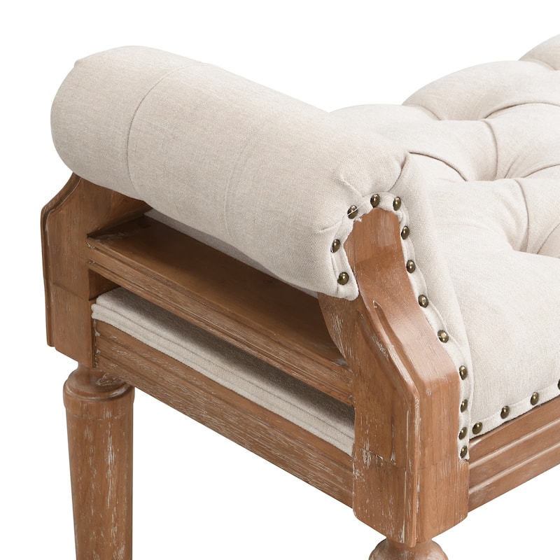 Christopher Knight Home - Mid-Century Solid Rubberwood Upholstered Bench with Rolled Arms, Button-Tufted Cushion & Nailhead Trim