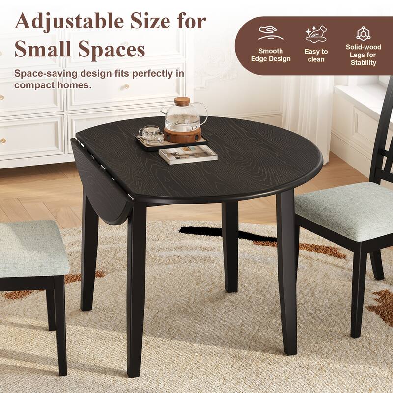 5-Piece Round Dining Table Set for 4 People, 1 Folding Wood Dining Table + 4 Upholstered Chairs, for Small Apartments
