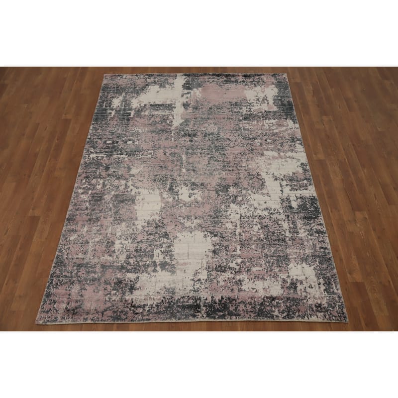 Hand Knotted Oriental Viscose Silk Carpet Modern Abstract Pink Abstract Area Rug - 7' 9'' X 5' 7''