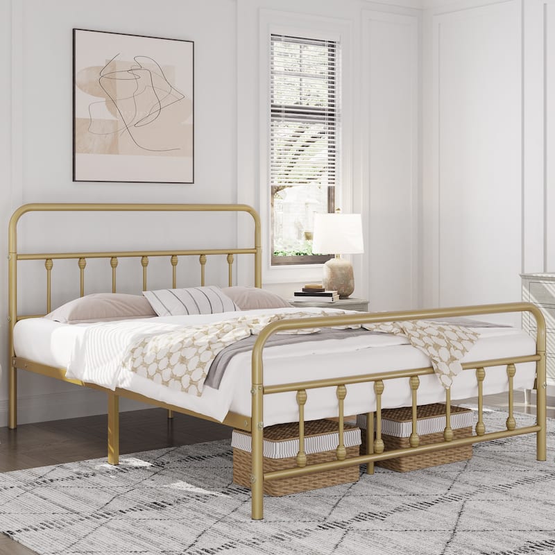 Yaheetech Classic Iron Platform Bed with High Headboard and Footboard Strong Metal-Framed Bed - Antique Gold - Queen
