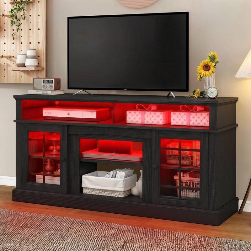 LED TV Stand for 75" TVs Glass Doors TV Media Console Table Black - 65 inches