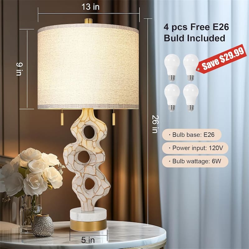 26” Farmhouse Bedside Lamp Rustic Linen Shade Bedside Lamp Marble Base with USB Port