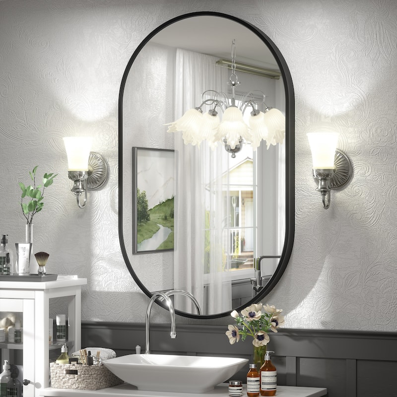 5-Year Warranty Aluminum Alloy Framed French Cleat Mounted Oval Wall Decor Bathroom Vanity Mirror - 40" x 24" - Black