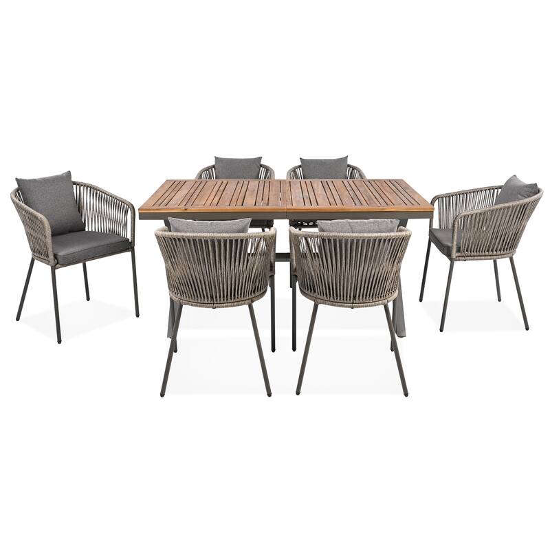 7 Pieces Patio Dining Set All-Weather Outdoor Furniture Set with Wood Tabletop and Adjustable Feet