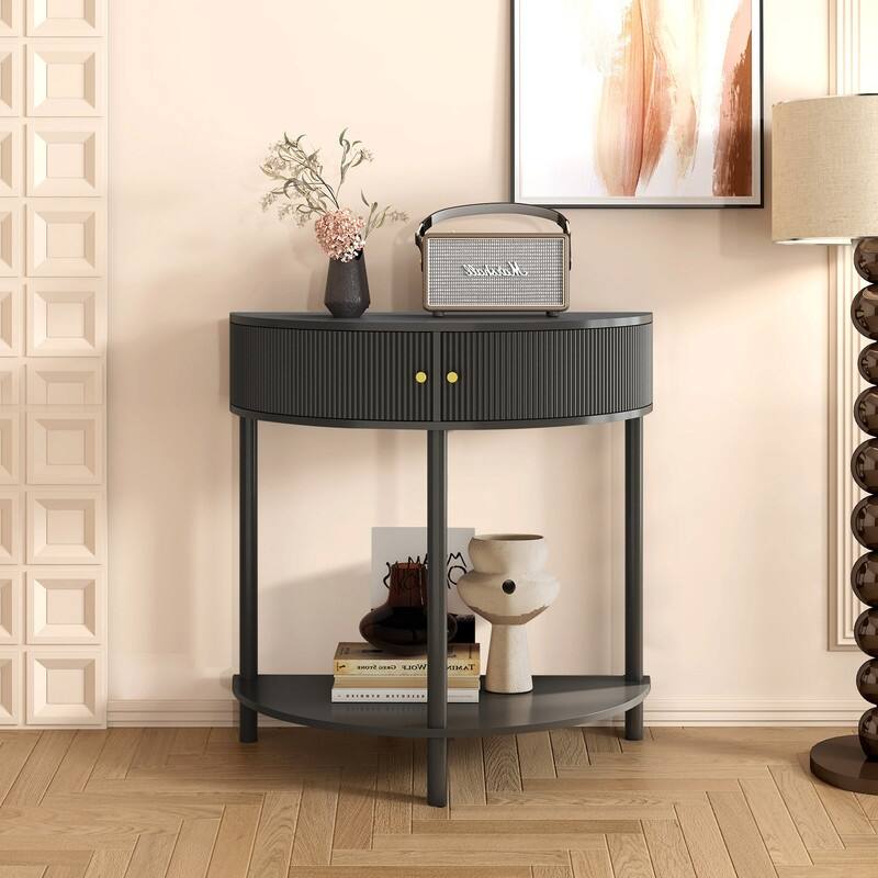 Modern 31.5" Fluted Semi-Circle Narrow Console Table with Drawers and Dual Storage Solutions - Dark Grey