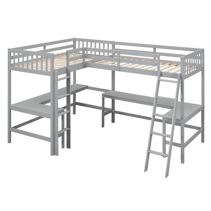 Twin Size L-Shaped Loft Bed with 2 Built-in Desks, Space-Saving Design