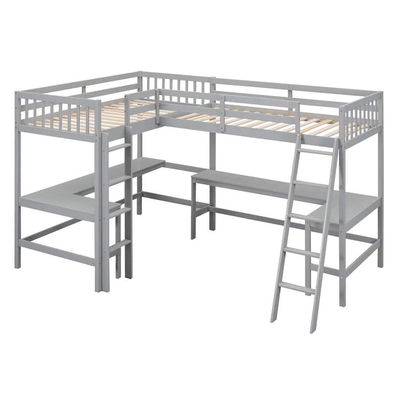 Wood Twin Size L-Shaped Loft Bed with Ladder and 2 L-Shaped Desks