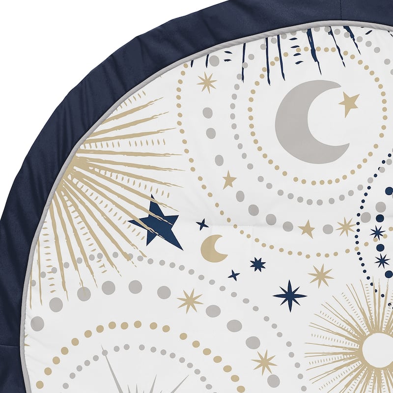 Star and Moon Collection Boy or Girl Baby Tummy Time Playmat - Navy Blue Gold and Grey Celestial Sky Stars Gender Neutral Unisex