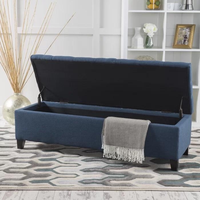 Long Storage Ottoman with Button Tufted Diamond Stitch Lid, Upholstered Fabric Bench with Soft Close Hinges