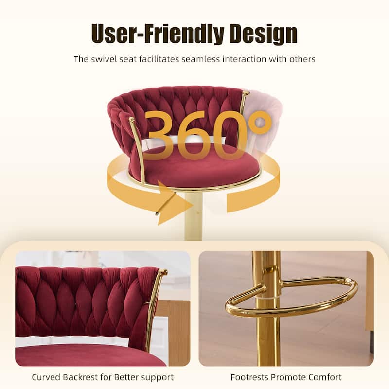 HOMEFUN Velvet Adjustable Height Swivel Armless Bar Stools With Golden Footrest(set of 2)