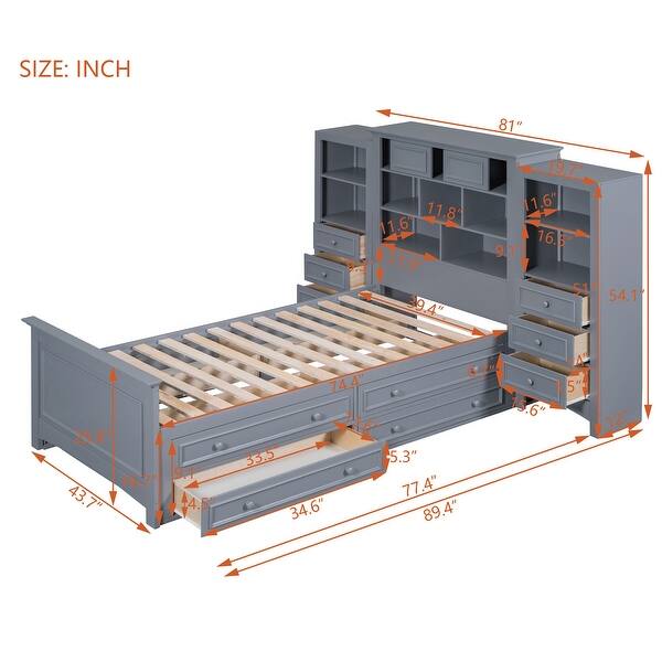 dimension image slide 1 of 2, Twin Wood Platform Bed with Storage Cabinet and Drawers, Grey