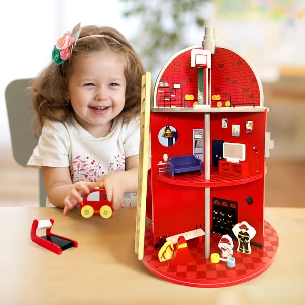 slide 2 of 9, Teamson Kids 3-Story Fire Station Playset with 25 Figurines and Furnishings Red