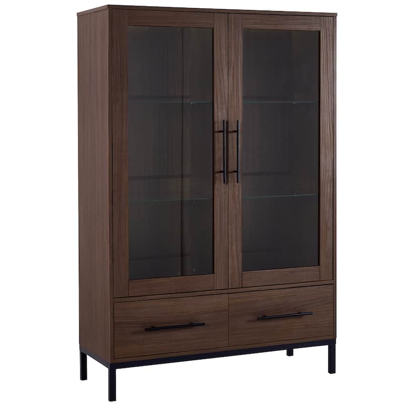 60'' Tall Display Cabinet with Tempered Glass Door, LED Lighting, Two Drawers, Modern Style Storage Cabinet