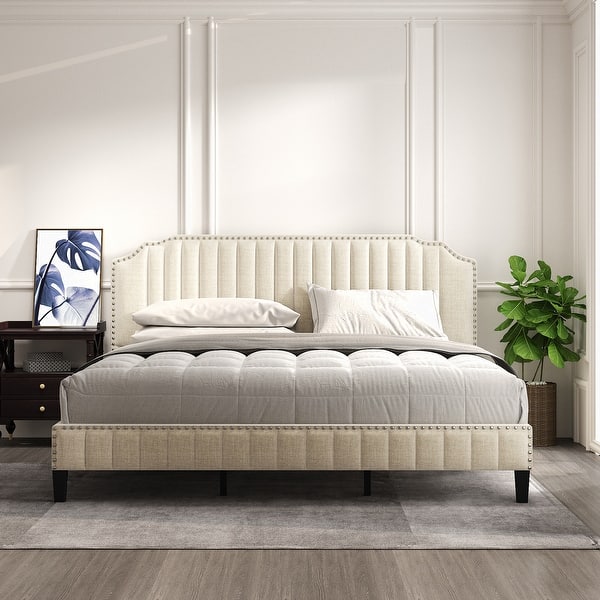 King Size Linen Upholstered Platform Bed with Solid Wood Frame and