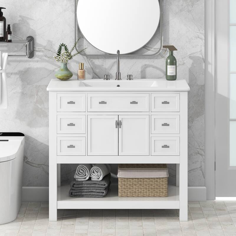 Roomfitters 36" Vanity with Sink, Modern Bathroom Cabinet with 2 Doors and 6 Drawers, Freestanding Storage Design
