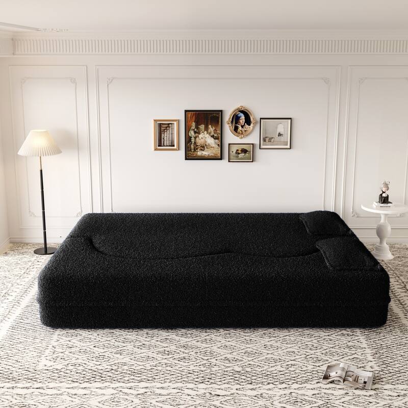 Modern Convertible Teddy Fabric Foam-Filled Sleeper Sofa Bed with 2 Pillows