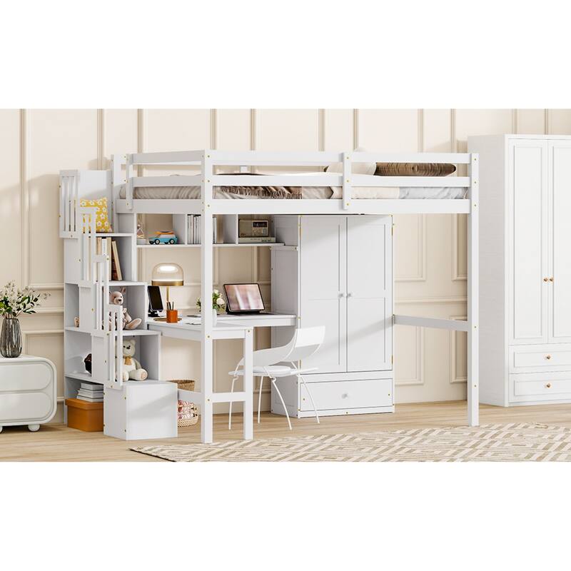 Roomfitters Full Size Loft Bed with Desk, Bookshelves and Wardrobe, Storage Staircase, Safety Guardrails, White