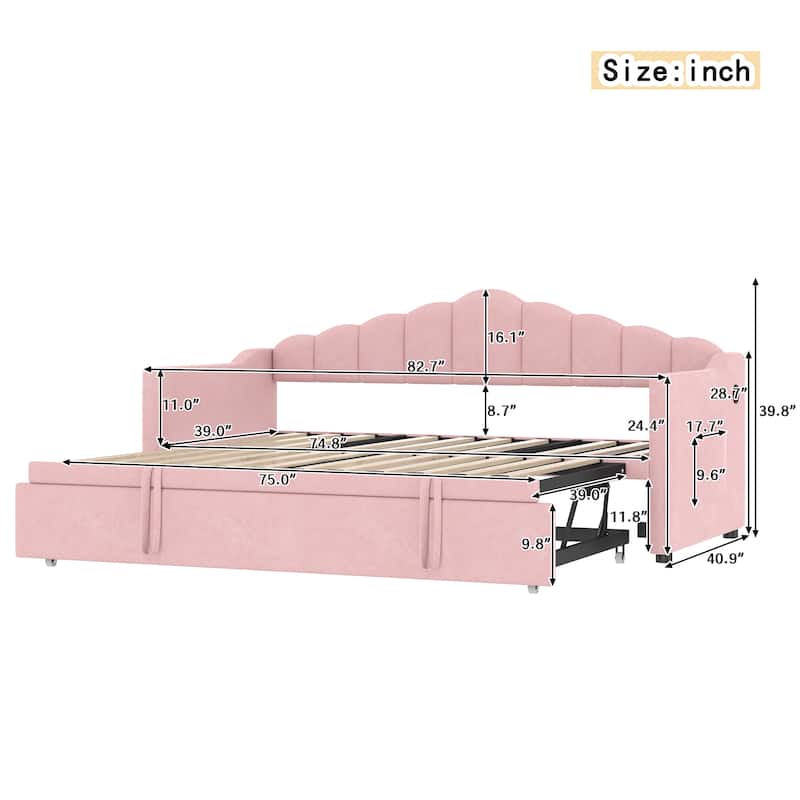 Upholstered Twin Size Daybed with Adjustable Trundle Bed and USB Port, Velvet Fabric Twin Sofa Bed Frame with 2 Side Pockets