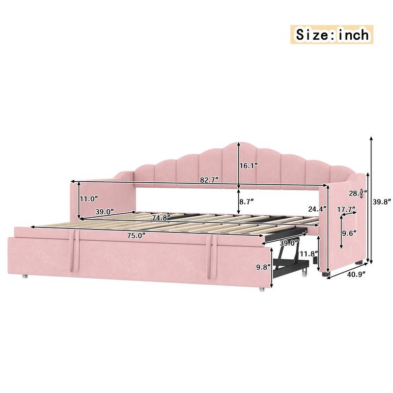 Velvet Upholstered Daybed with Adjustable Height Pop Up Trundle and Charging Station, Twin Size Pull Out Platform Sofa Bed Frame