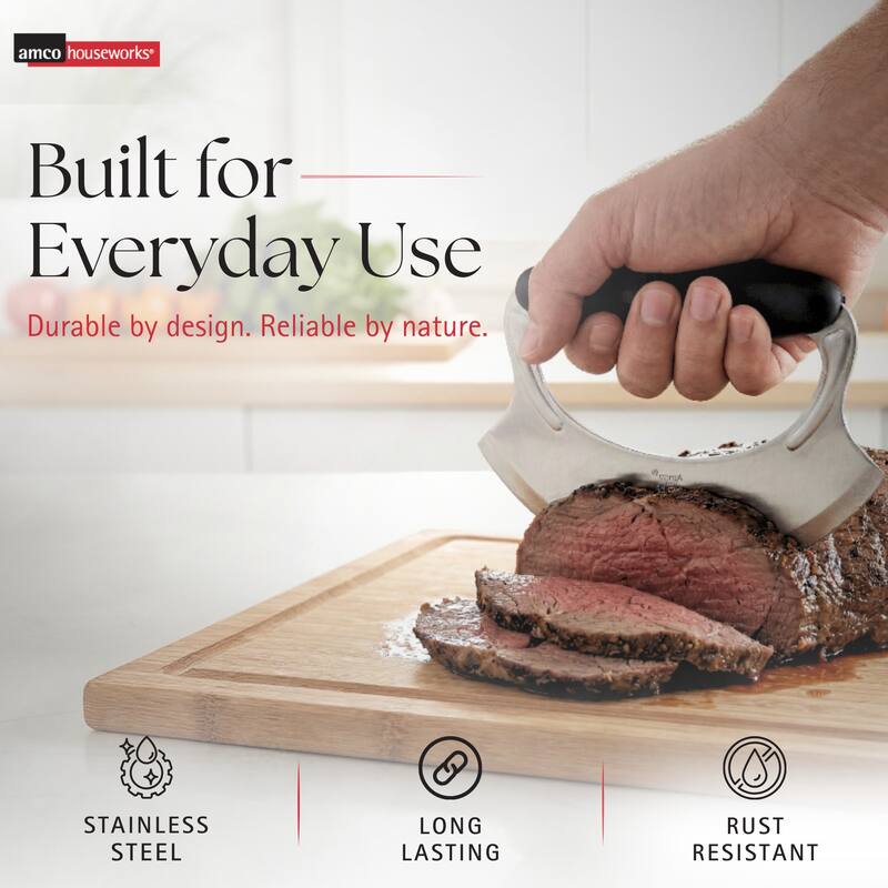 Amco Stainless Steel Handheld Mezzaluna Silicone Handle - 6.25" x 4.75" x 1.5"