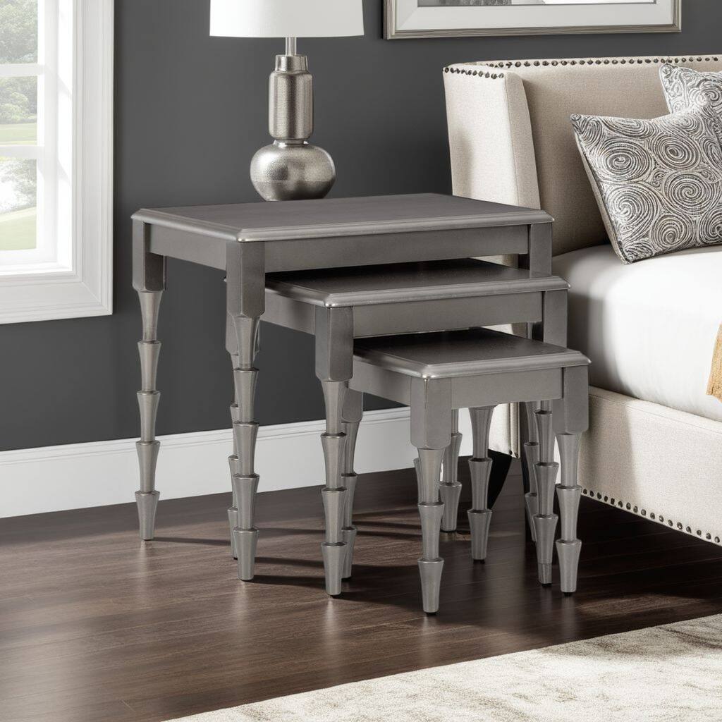 Nesting Accent Table Set of 3, Contemporary Metallic Gray, Real Wood